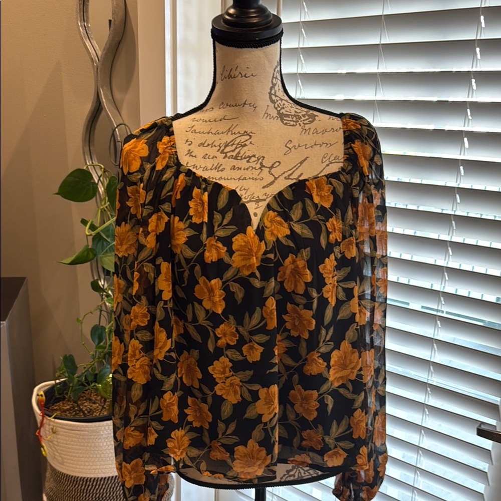 Floral Sheer Women's Top - Black and Orange